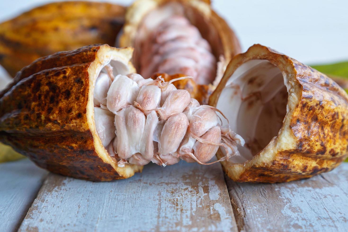 Fresh cocoa pods and cocoa leaves on wooden background photo
