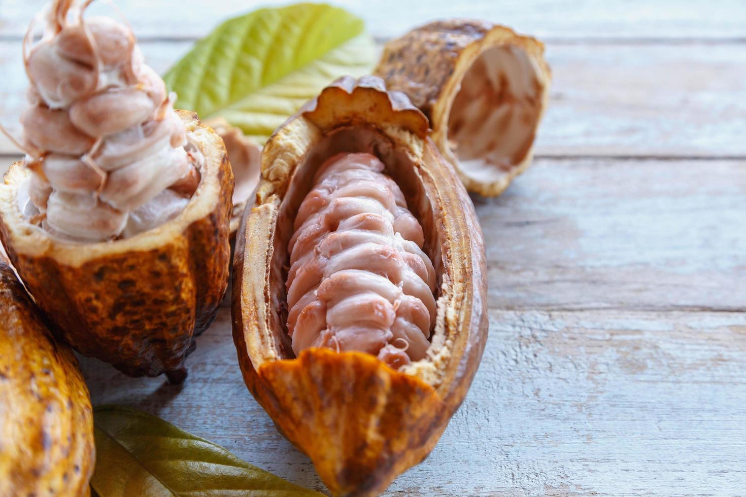 Fresh cocoa pods and cocoa leaves on wooden background photo