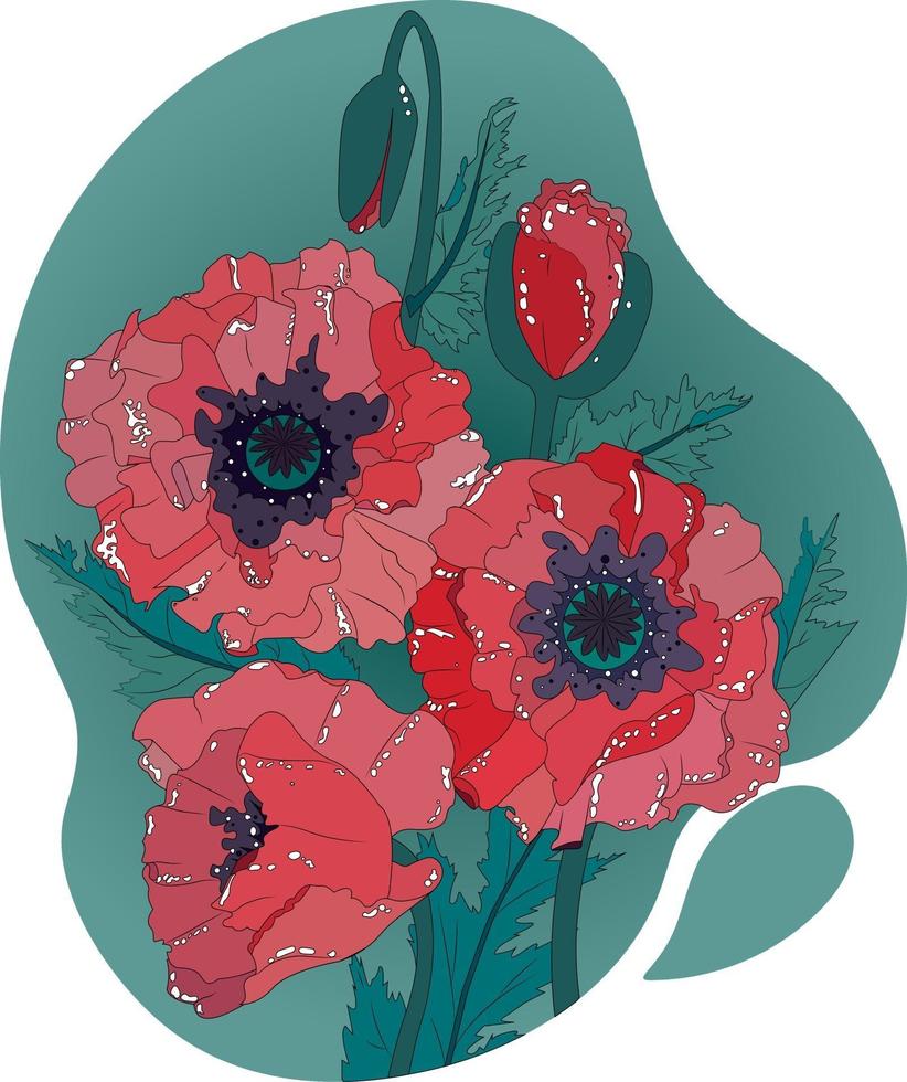 Red poppies with leaves on a green background in the form of spots. vector