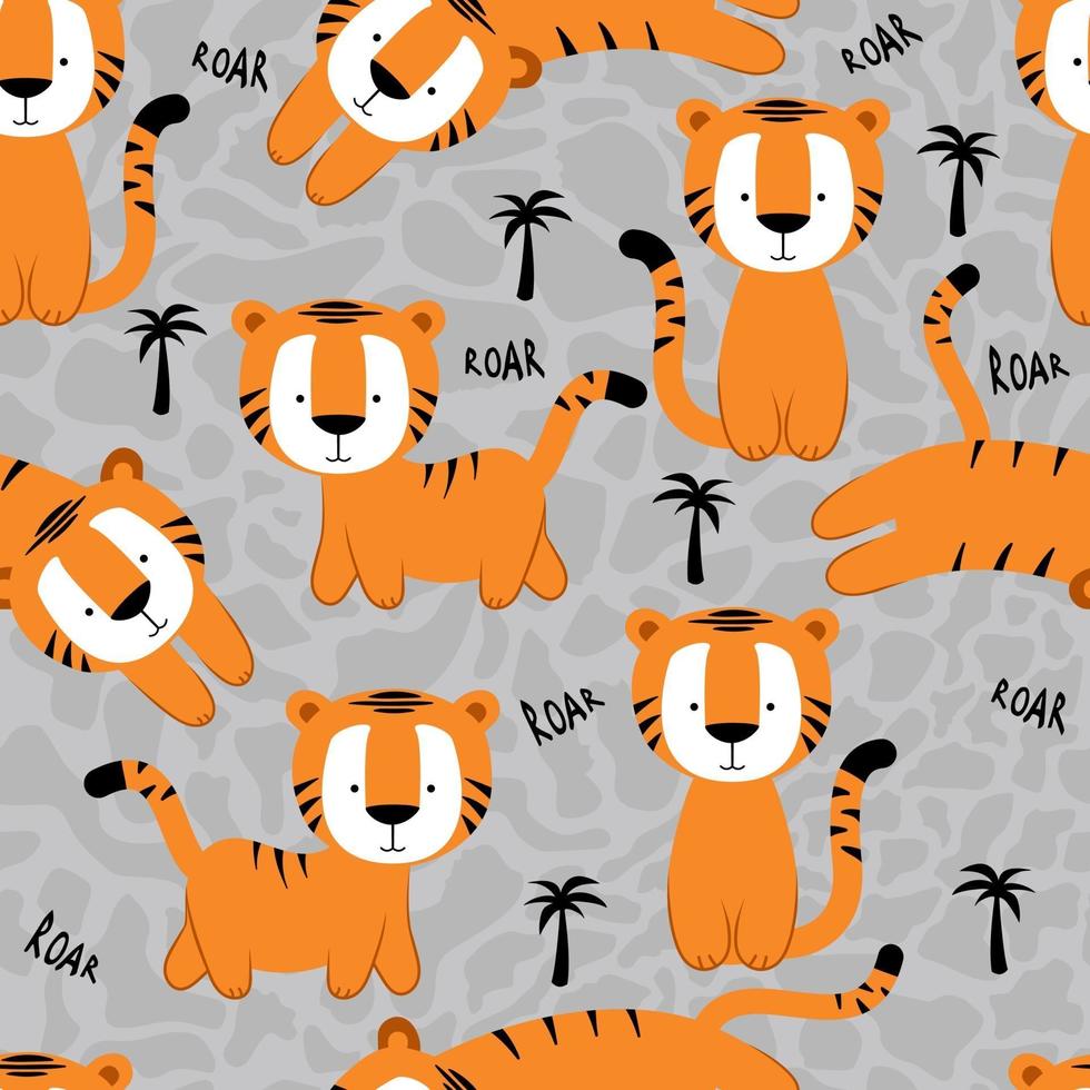 Seamless cute tiger print. Little tigers with  tree palms. vector