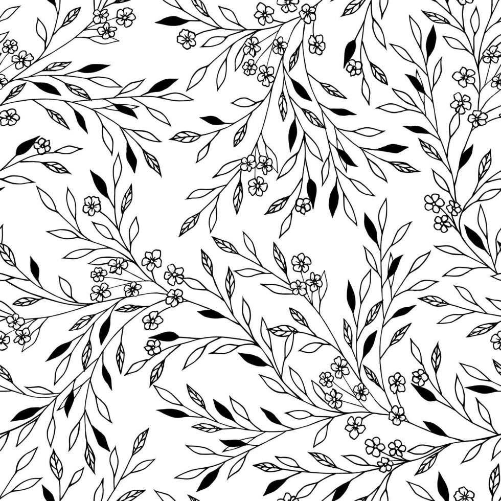 Sketch black leaves and little flowers. Seamless flowers pattern. vector