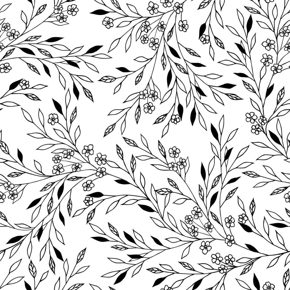 Sketch black leaves and little flowers. Seamless flowers pattern. vector