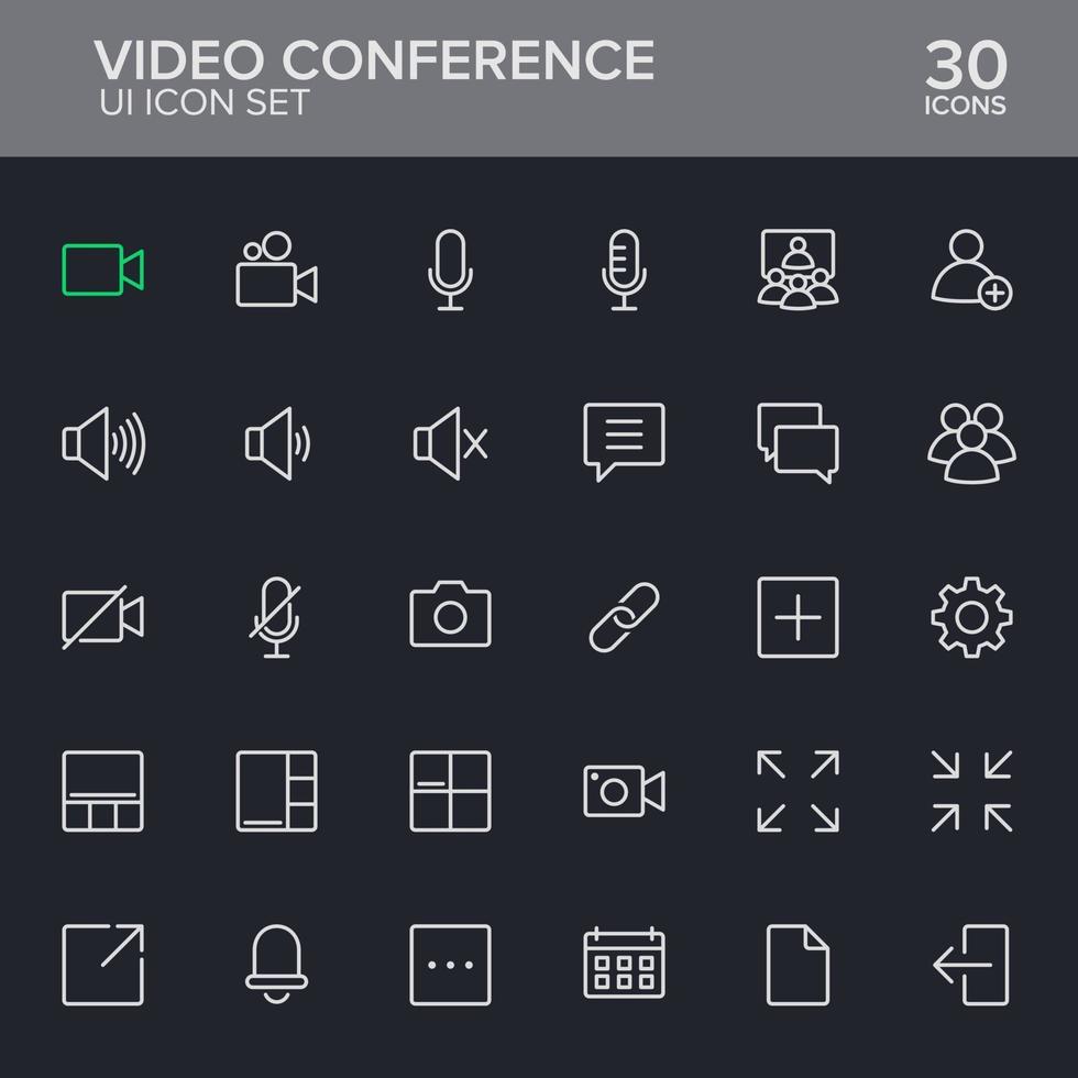 una colección de iconos de líneas finas de un software de videoconferencia. vector