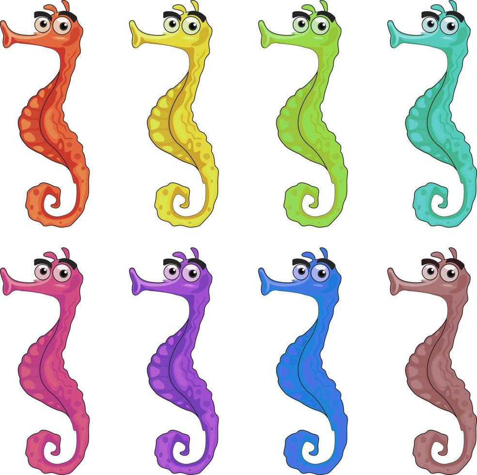 Set of many seahorse cartoon character isolated on white background vector