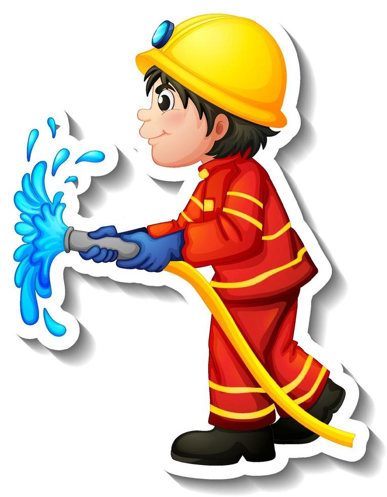 Sticker design with a fireman cartoon character vector