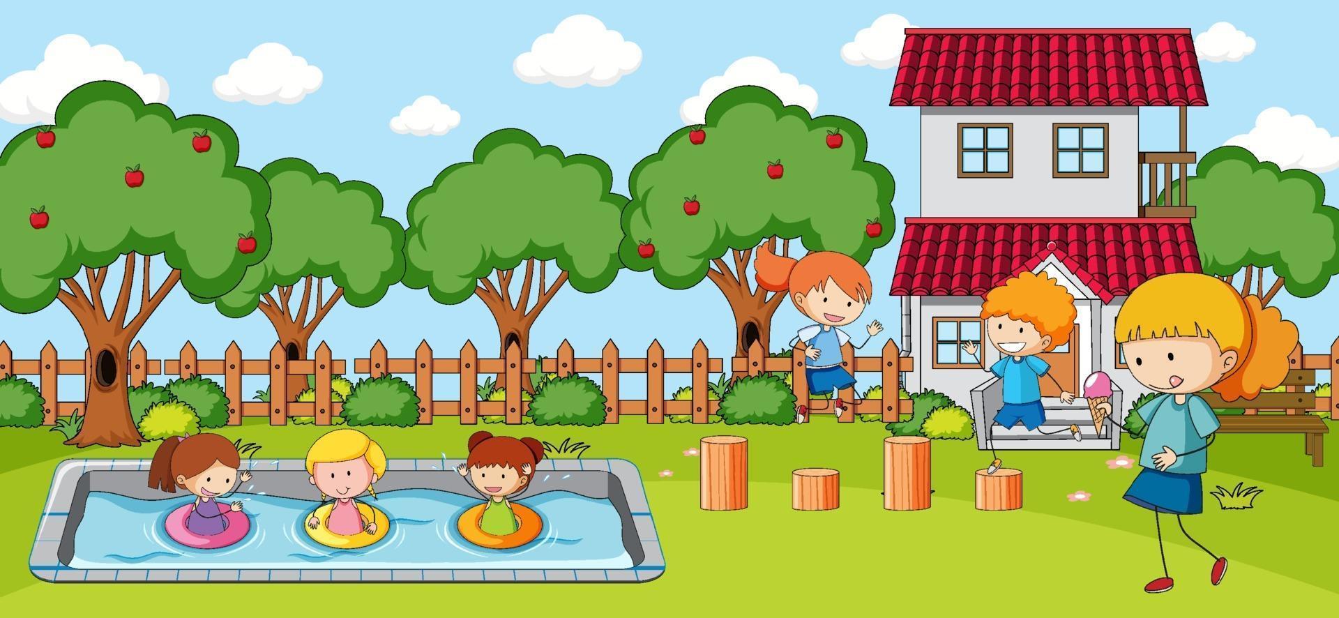 Outdoor scene with many kids playing in the park vector