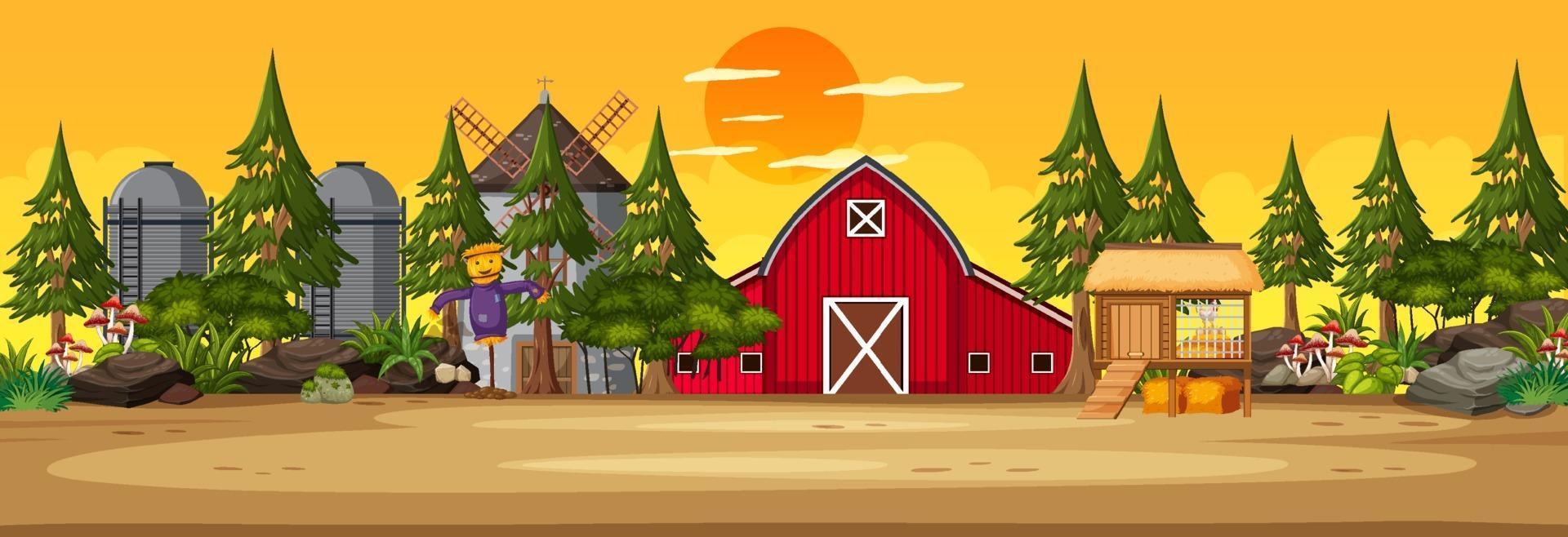 Farmland horizontal scene with barn and windmill at sunset time vector