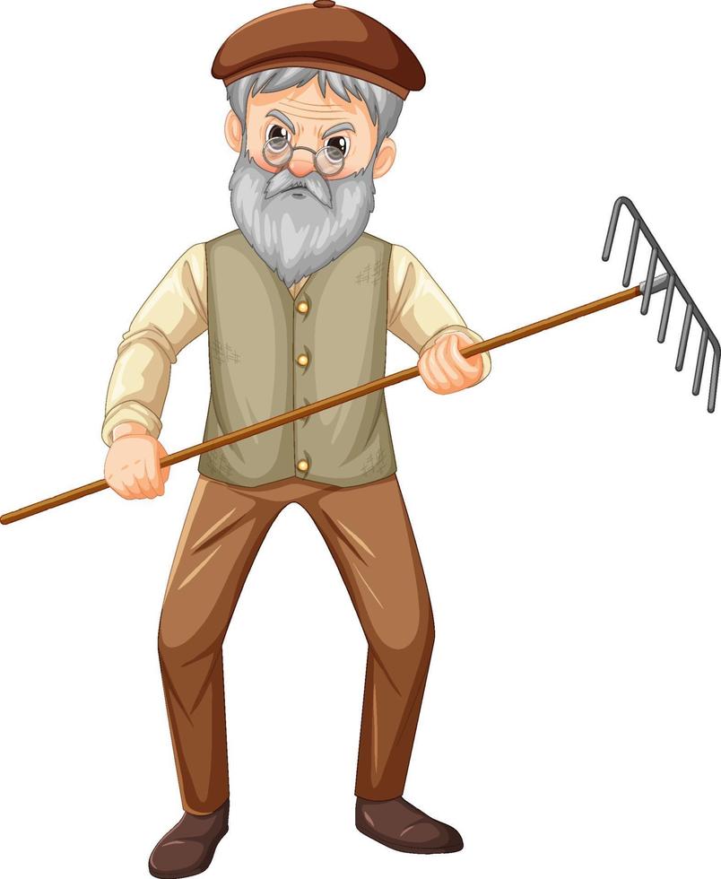 Old farmer man cartoon character holding rake garden tool vector