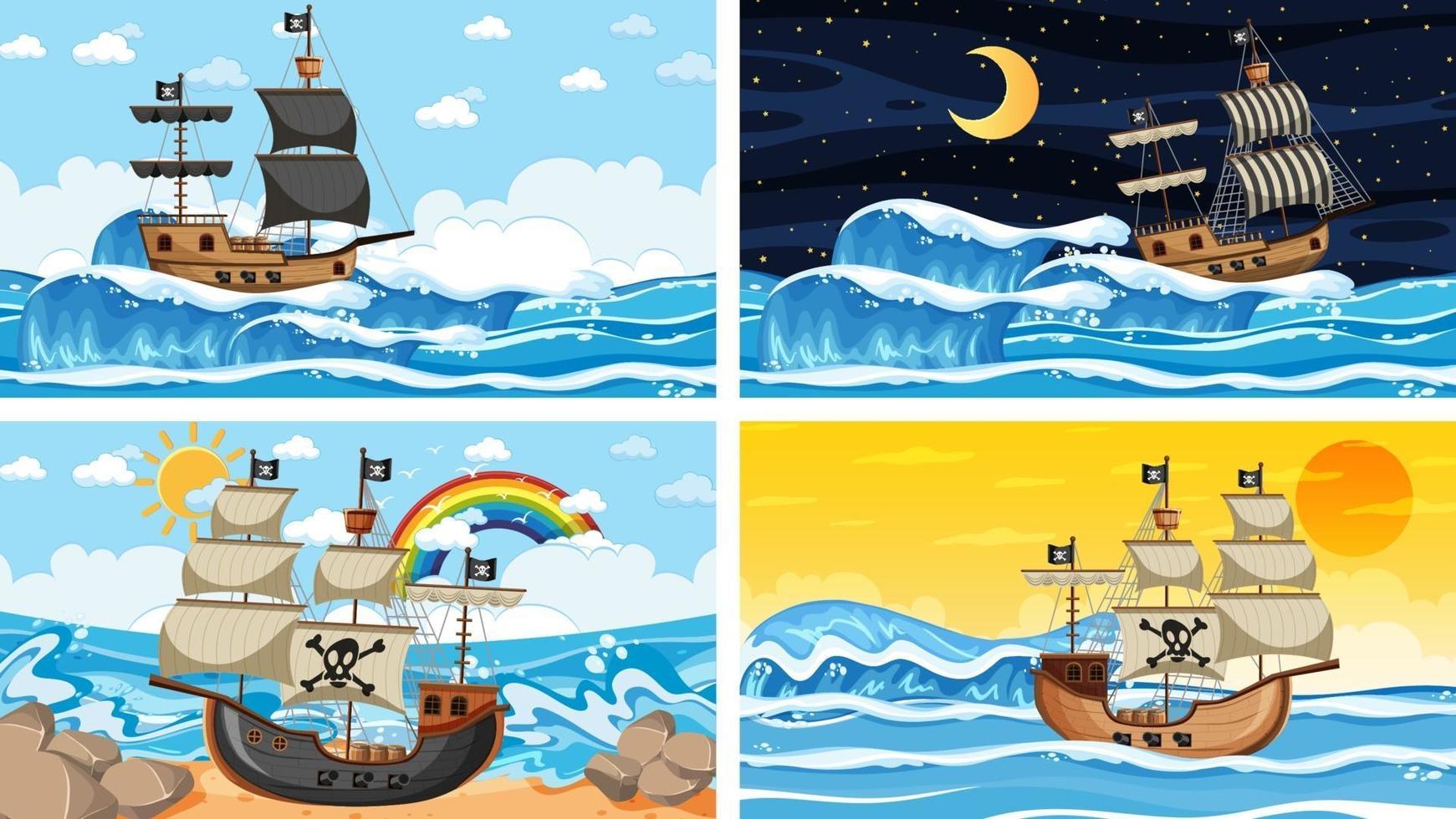 Diferentes escenas de playa con barco pirata y personaje de dibujos animados pirata. vector