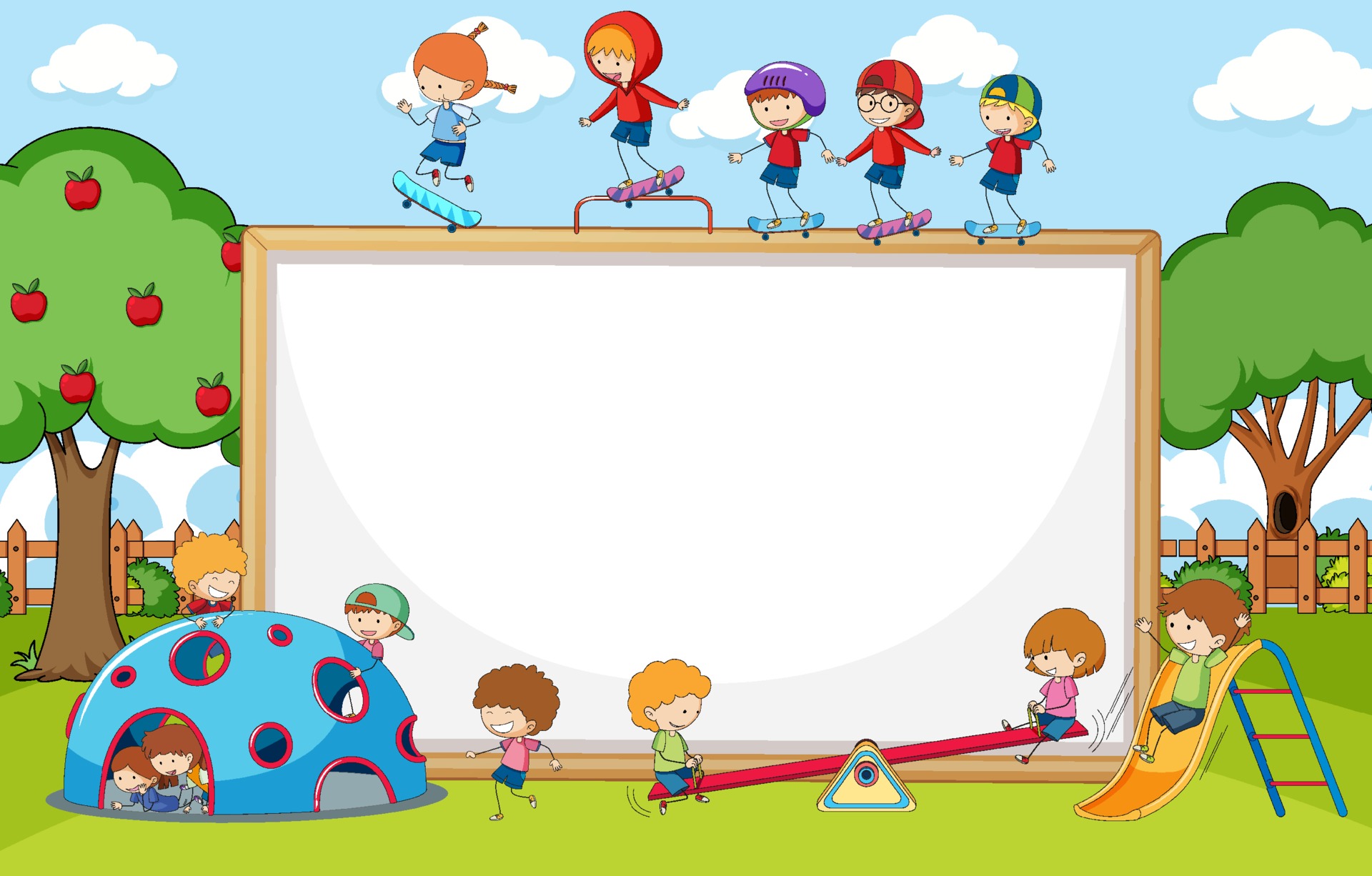 Playground scene with blank banner many kids doodle cartoon character  3359505 Vector Art at Vecteezy