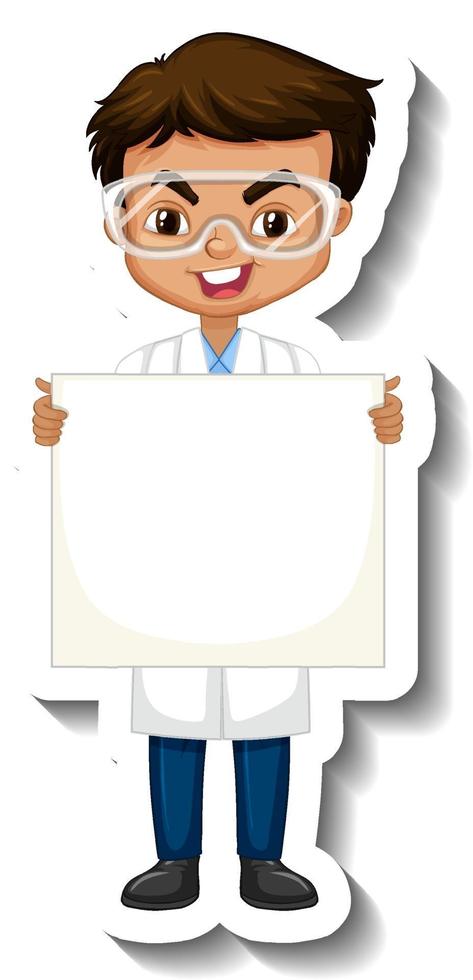 Cartoon character sticker with scientist boy holding empty banner vector