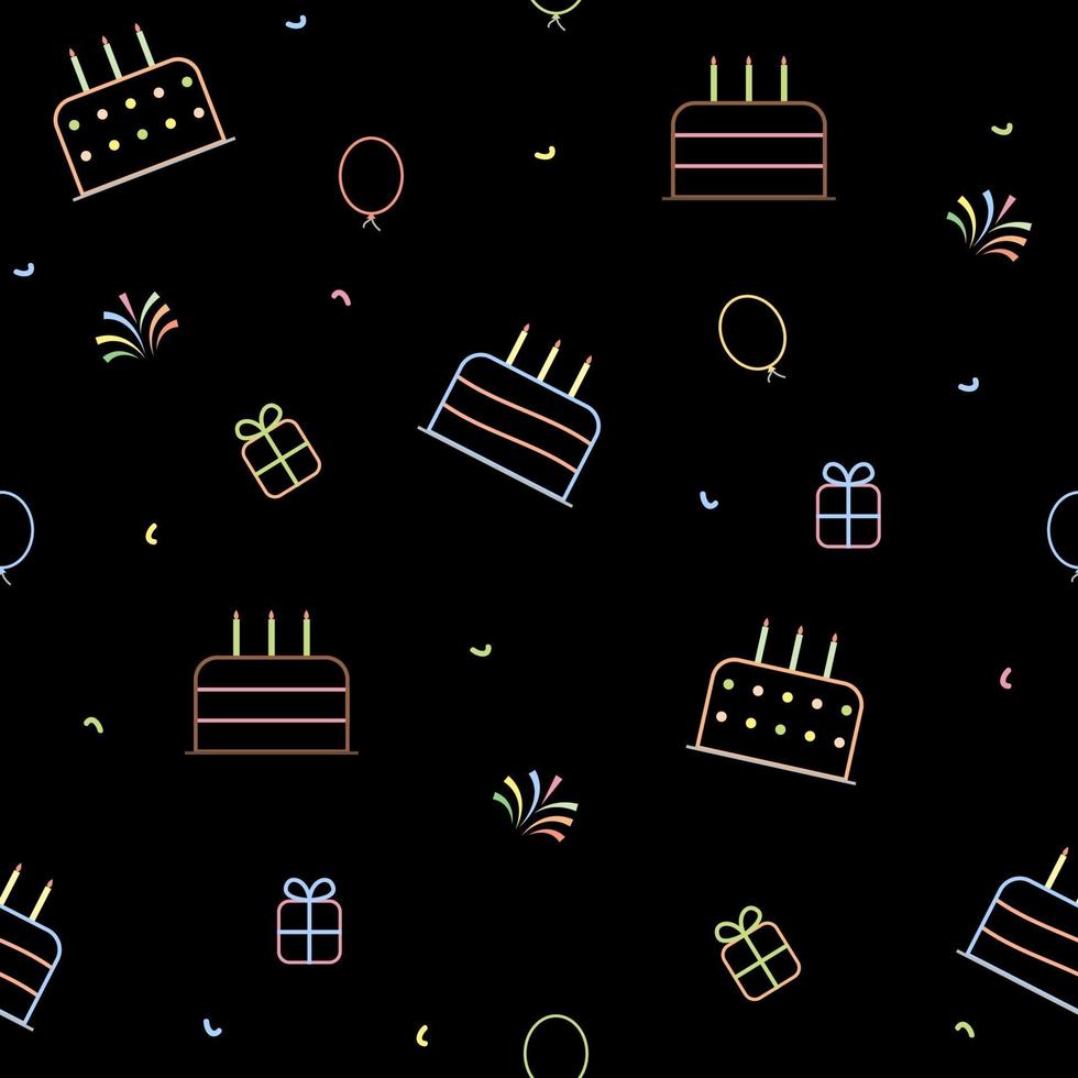 Fondo de feliz cumpleaños con tortas, globos, caja de regalo y fuegos artificiales. vector