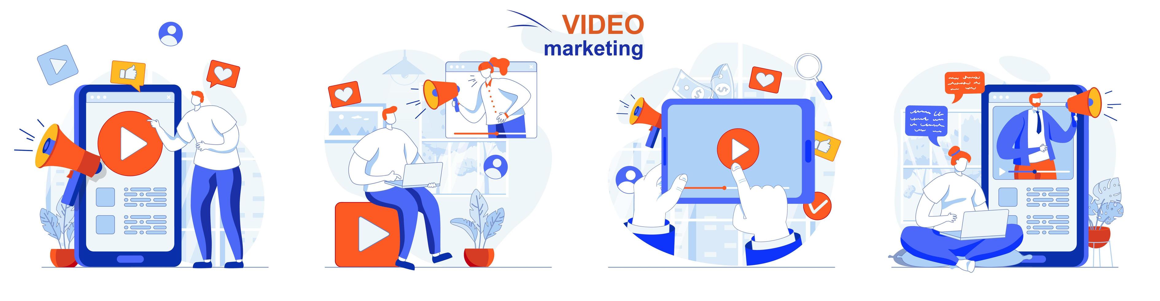 El concepto de video marketing establece escenas aisladas de personas en diseño plano vector