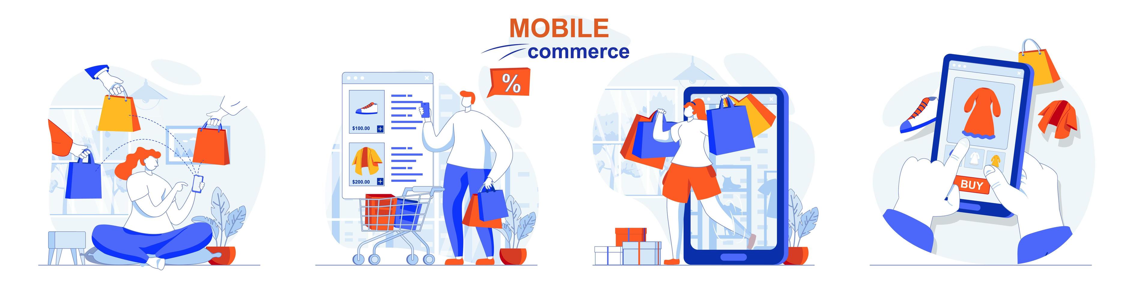 Mobile commerce concept set people isolated scenes in flat design vector