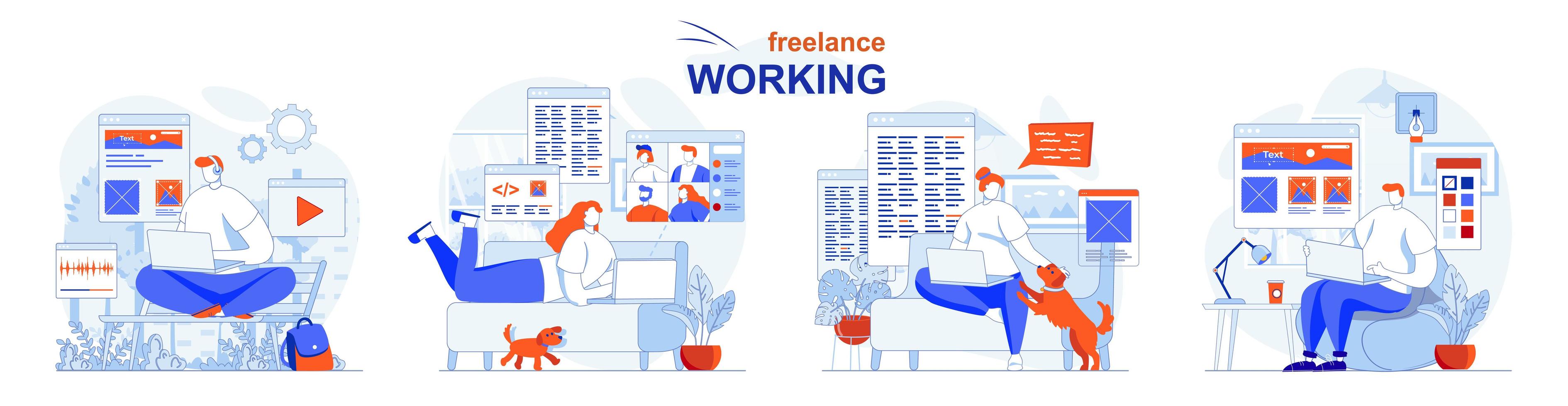 Freelance working concept set people isolated scenes in flat design vector