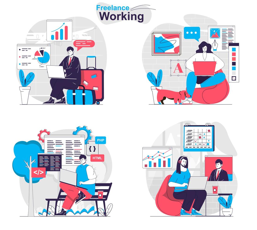 Freelance working concept set people isolated scenes in flat design vector