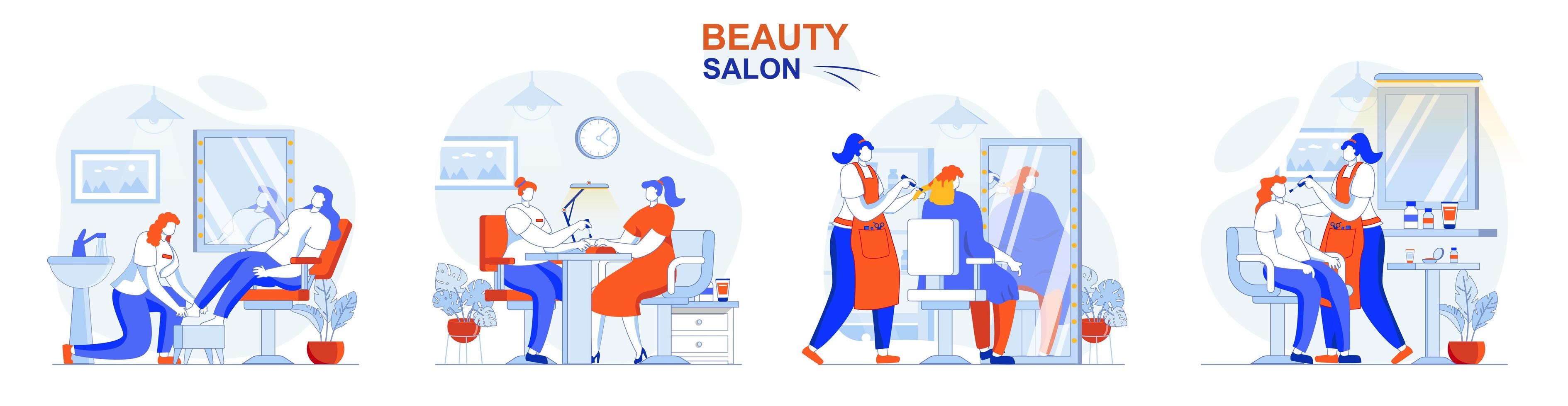 concepto de salón de belleza establece escenas aisladas de personas en diseño plano vector