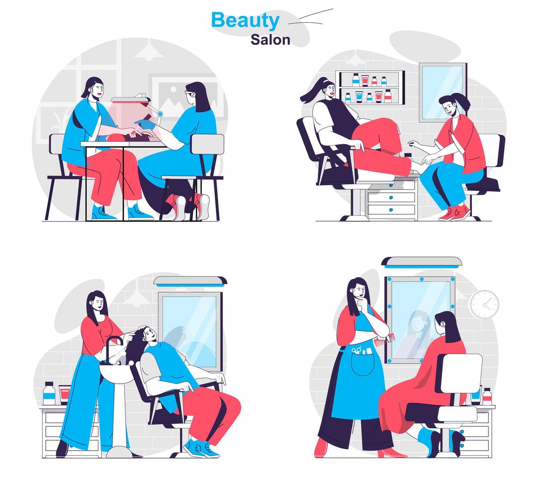 concepto de salón de belleza establece escenas aisladas de personas en diseño plano vector