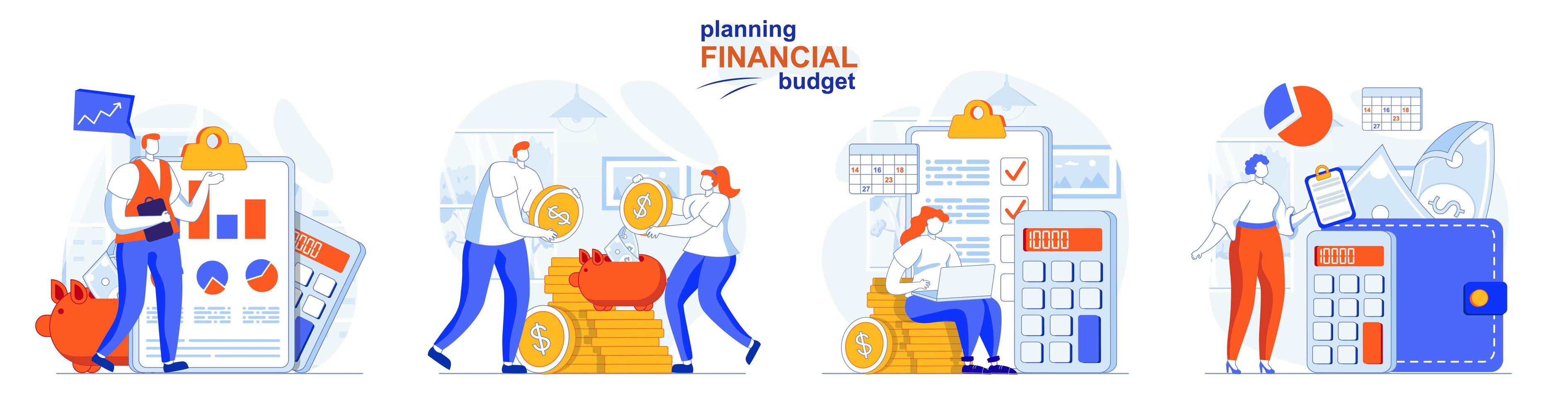 Planning financial budget concept set people isolated scenes vector