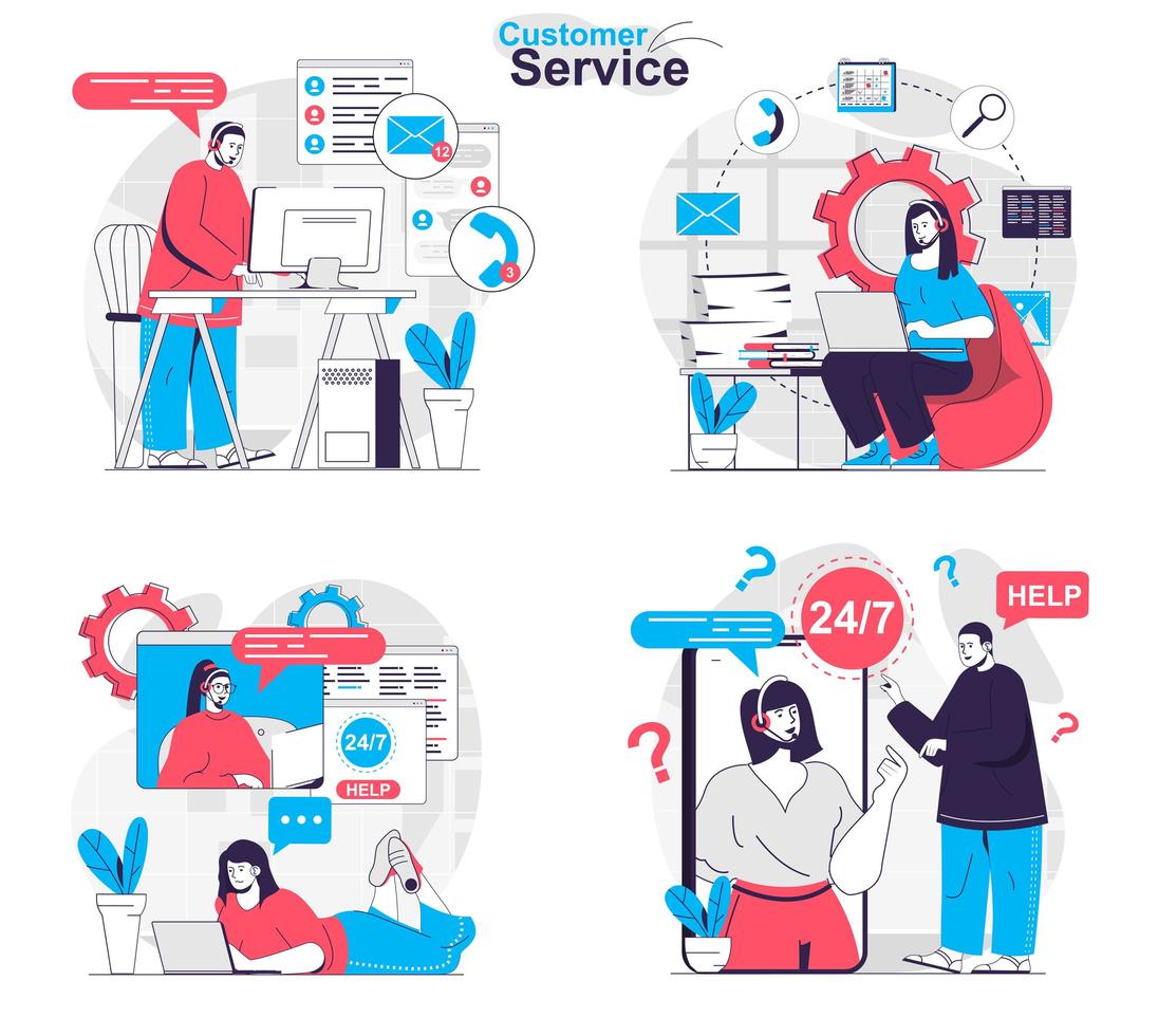 Customer service concept set people isolated scenes in flat design vector