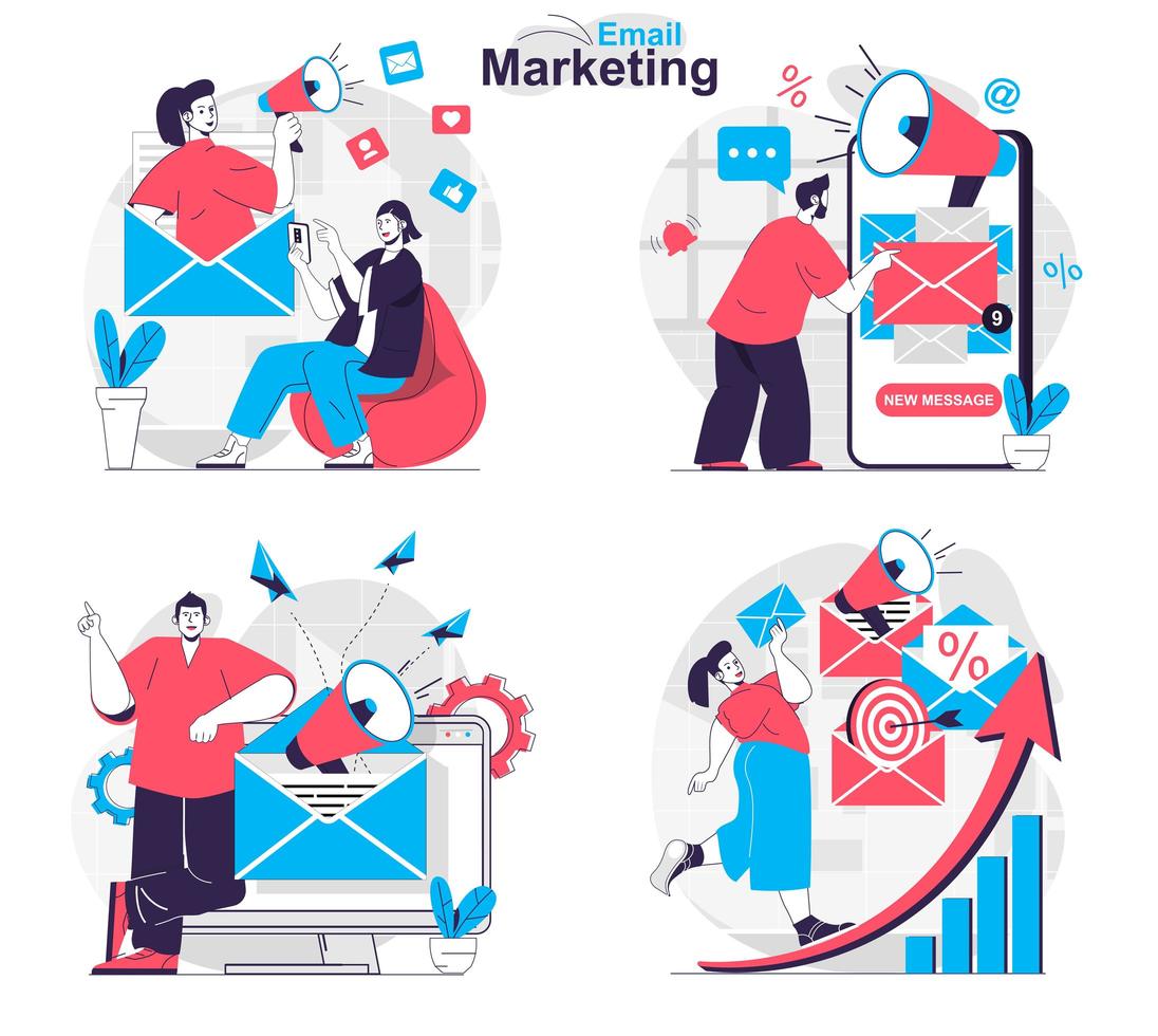 Email marketing concept set people isolated scenes in flat design vector