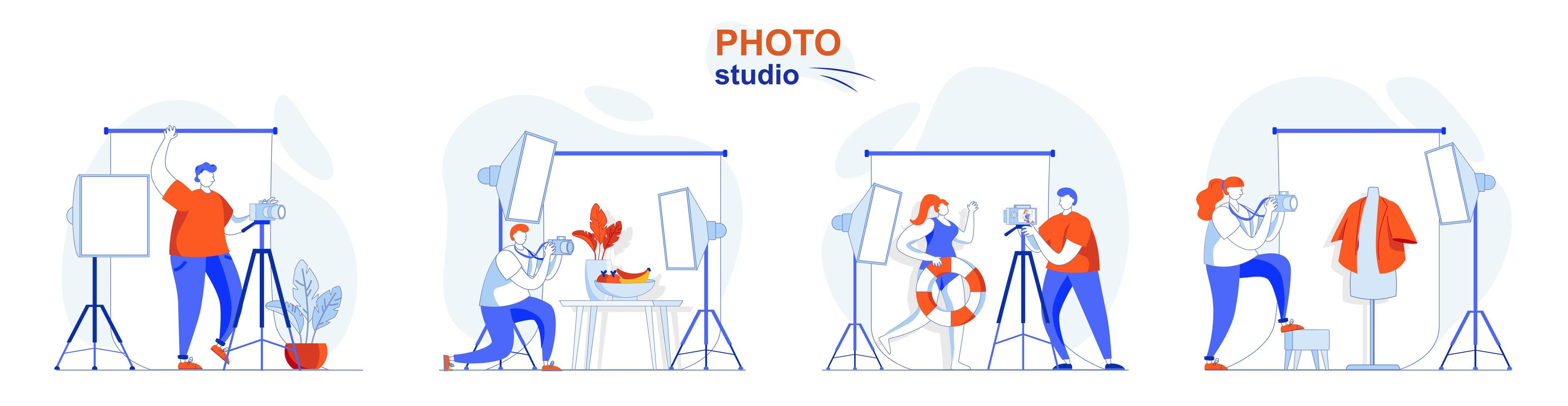 El concepto de estudio fotográfico establece escenas aisladas de personas en diseño plano vector