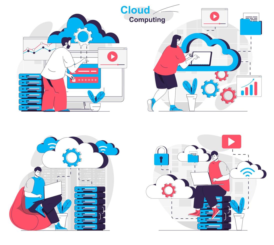 Cloud computing concept set people isolated scenes in flat design vector