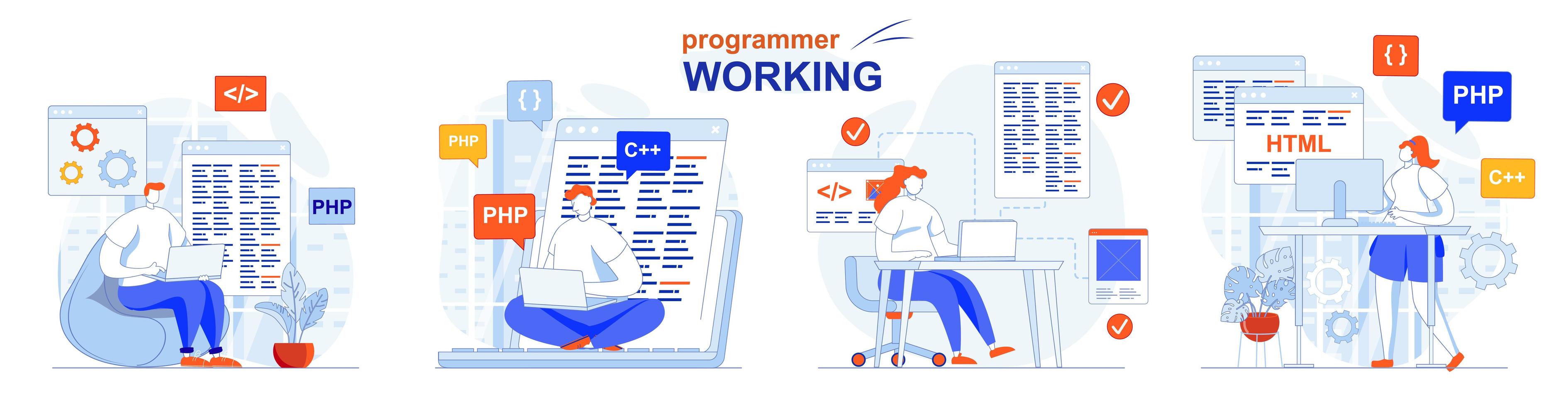 Programmer working concept set people isolated scenes in flat design vector