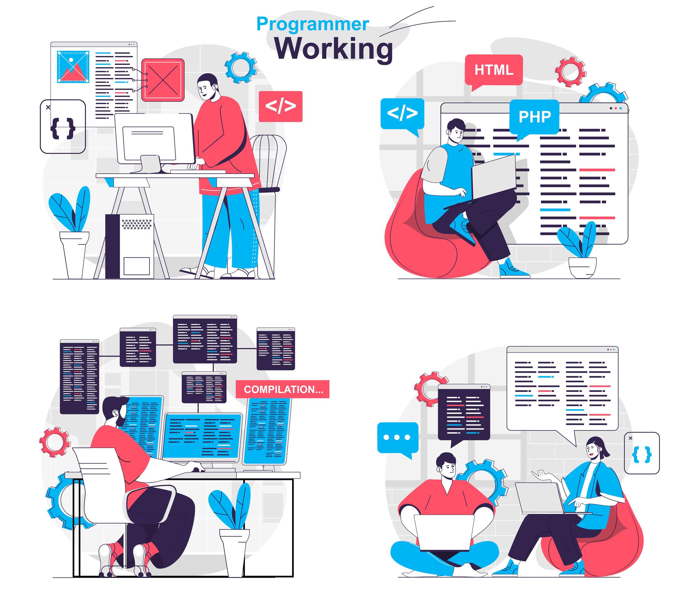 Programmer working concept set people isolated scenes in flat design ...