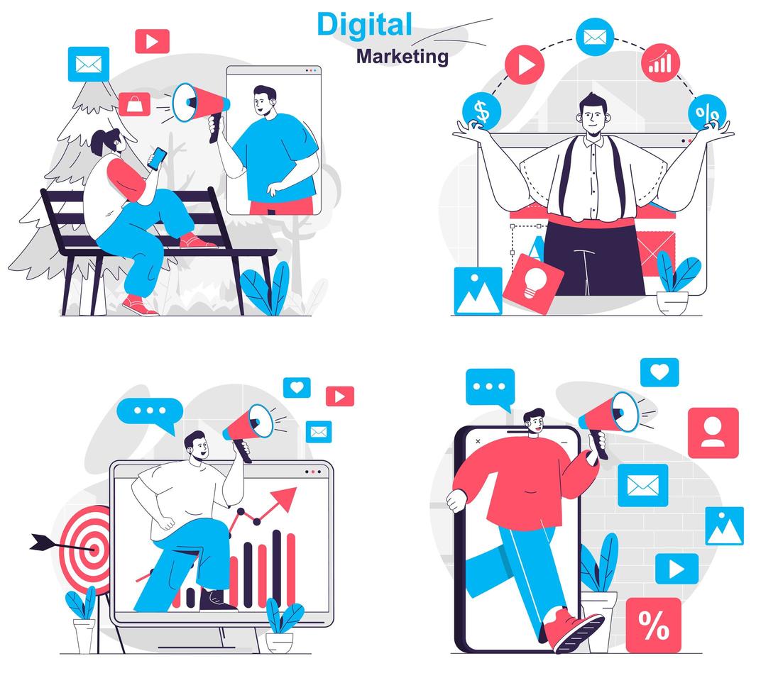 El concepto de marketing digital establece escenas aisladas de personas en diseño plano vector