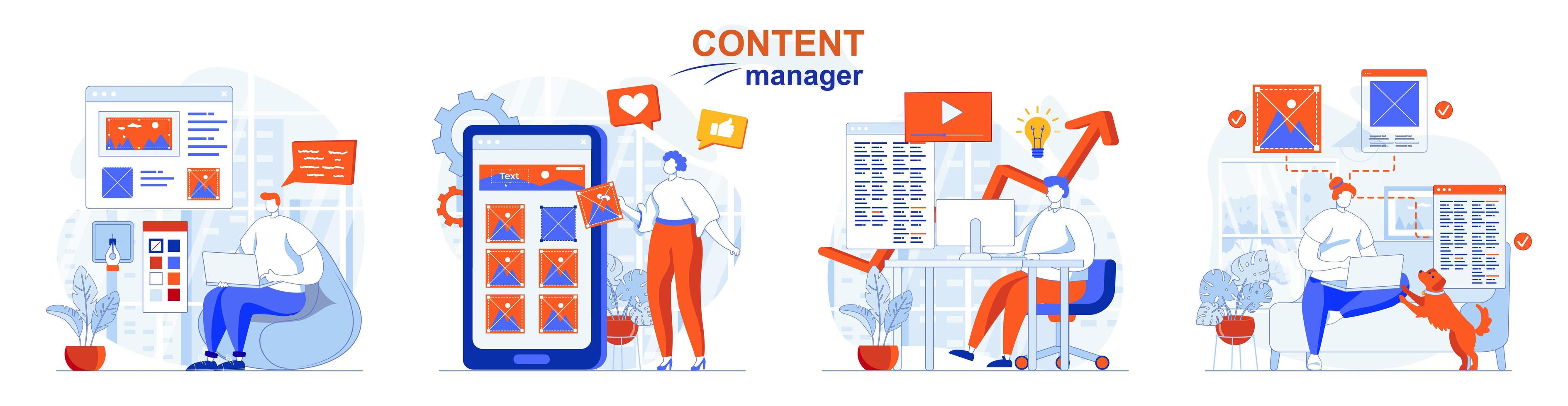 Content manager concept set people isolated scenes in flat design vector