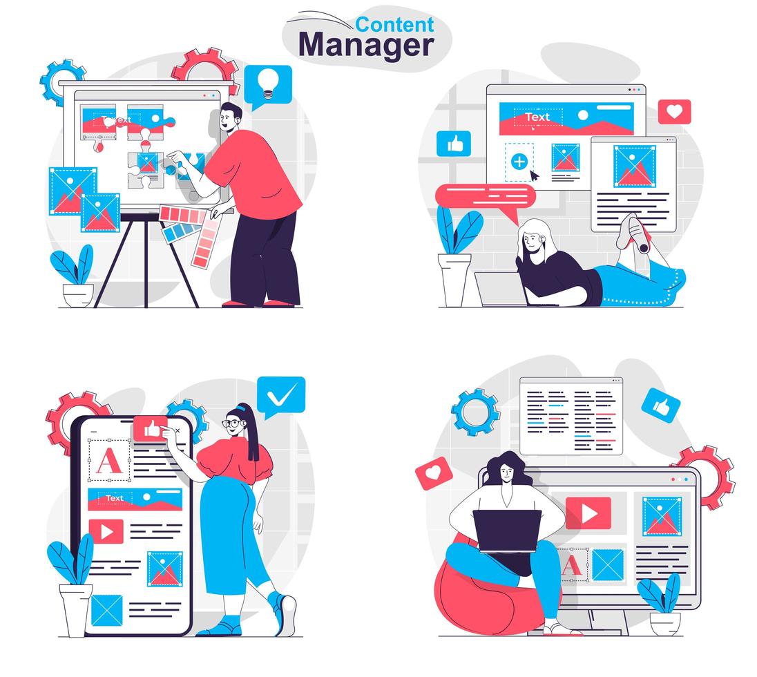 El concepto de administrador de contenido establece escenas aisladas de personas en diseño plano vector