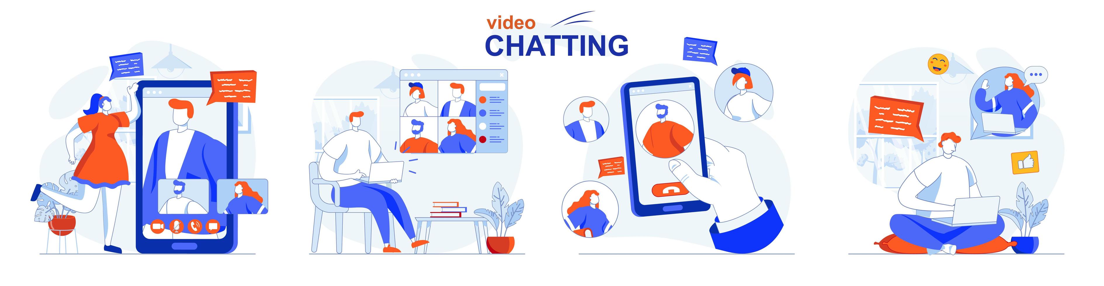 El concepto de video chat establece escenas aisladas de personas en diseño plano vector