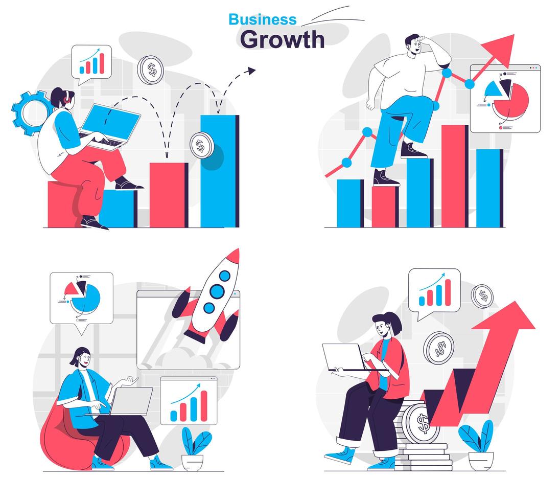 El concepto de crecimiento empresarial estableció escenas aisladas de personas en diseño plano vector