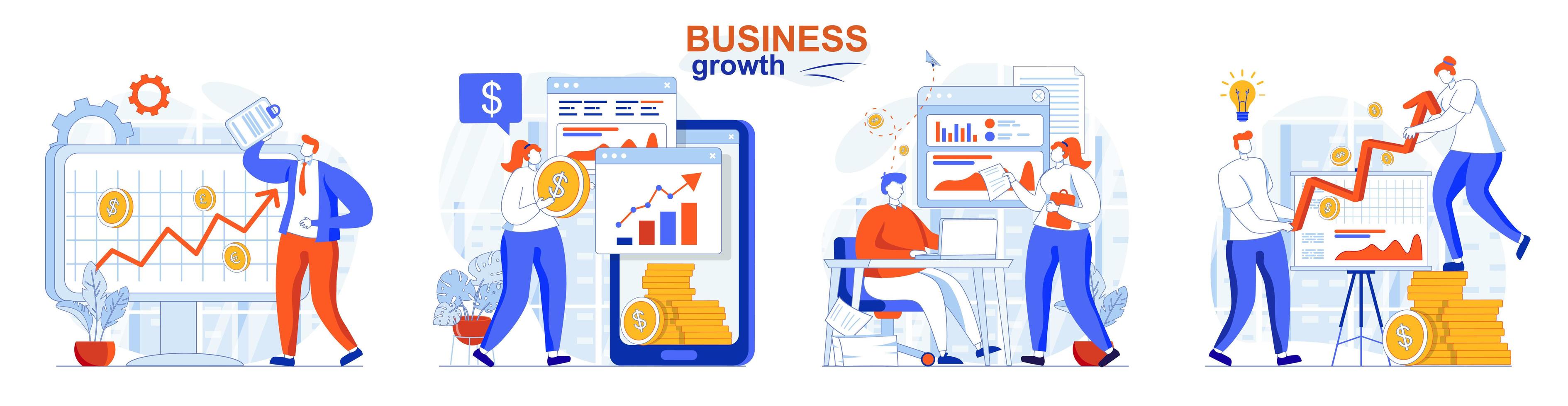 Business growth concept set people isolated scenes in flat design vector