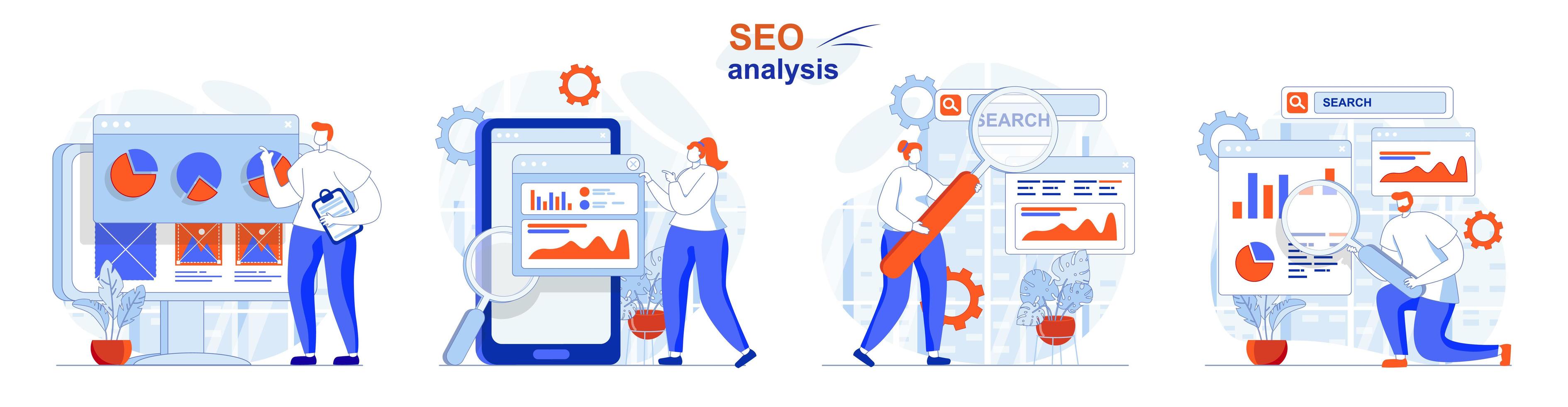 Seo analysis concept set people isolated scenes in flat design vector