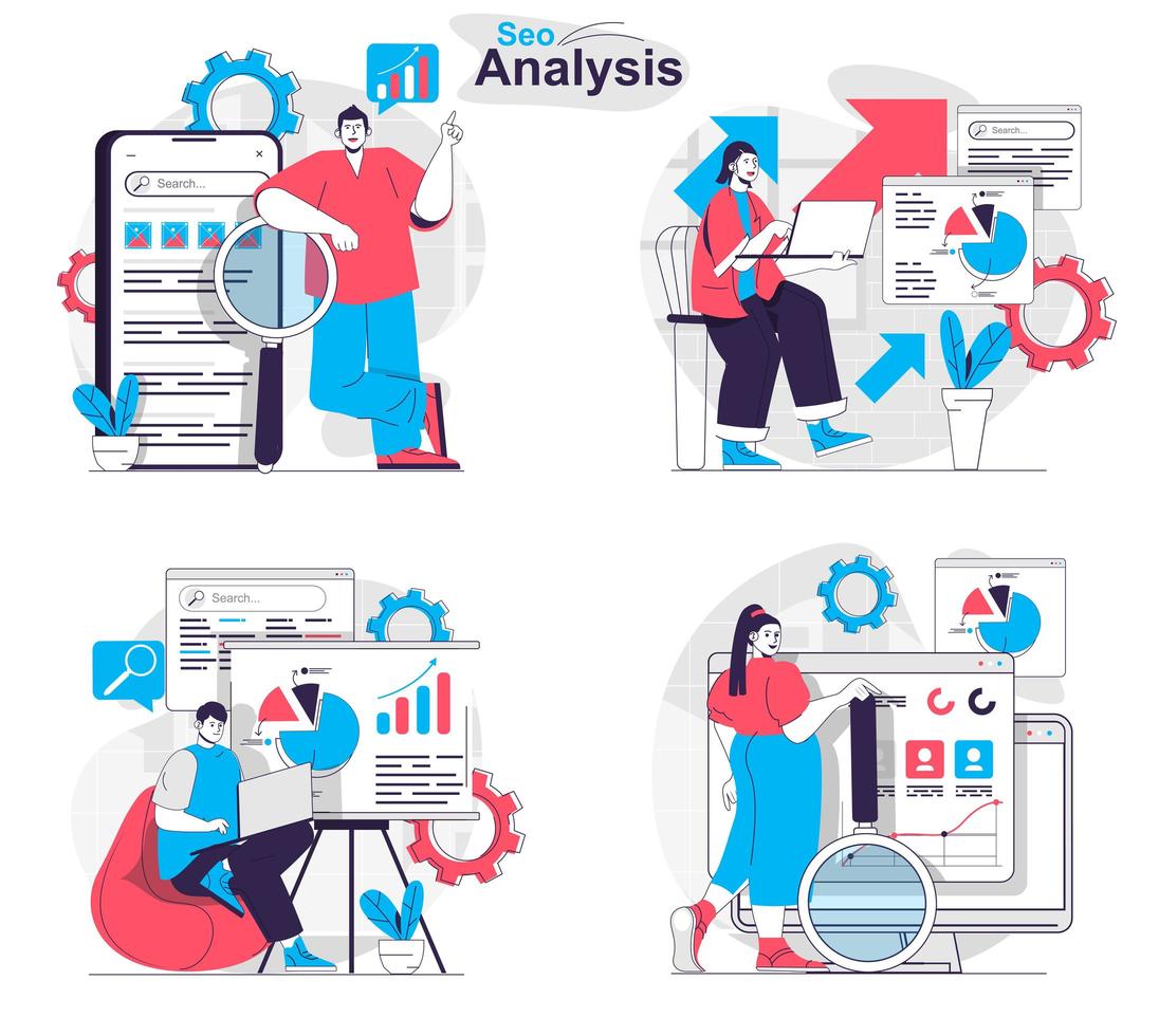 Seo analysis concept set people isolated scenes in flat design vector