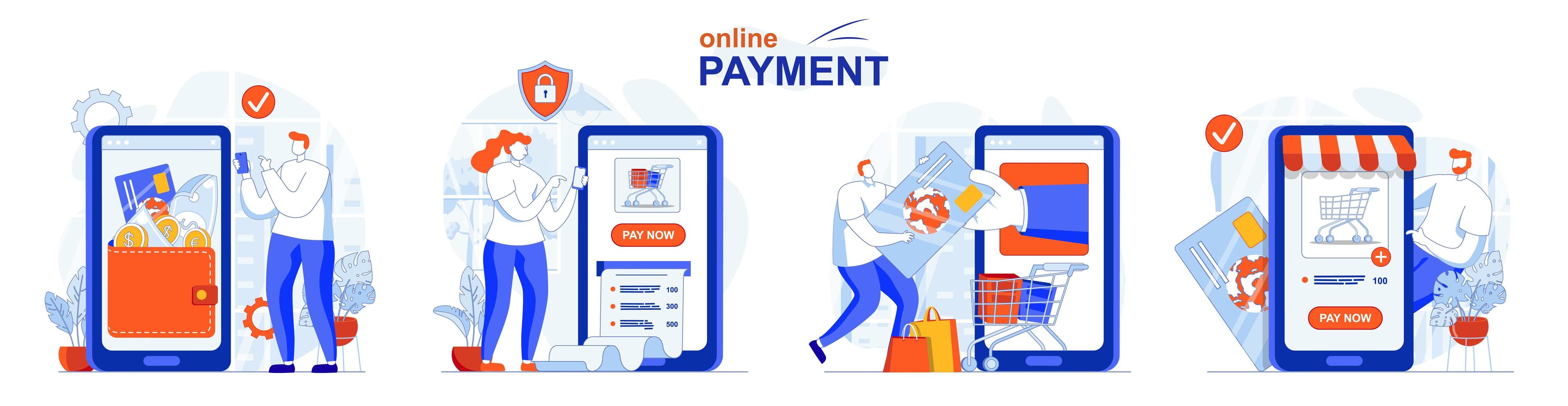 Online payment concept set people isolated scenes in flat design vector