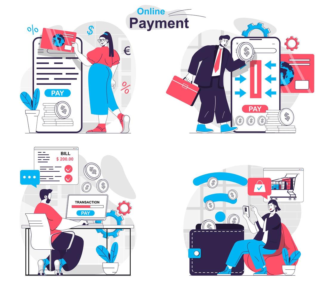 Online payment concept set people isolated scenes in flat design vector