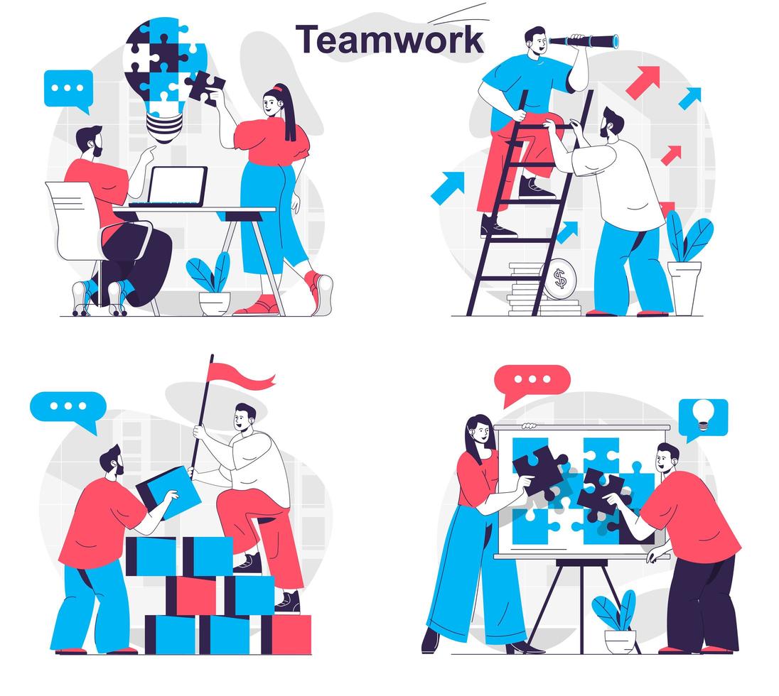 Teamwork concept set people isolated scenes in flat design vector