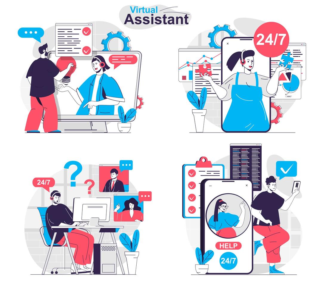 concepto de asistente virtual establece escenas aisladas de personas en diseño plano vector