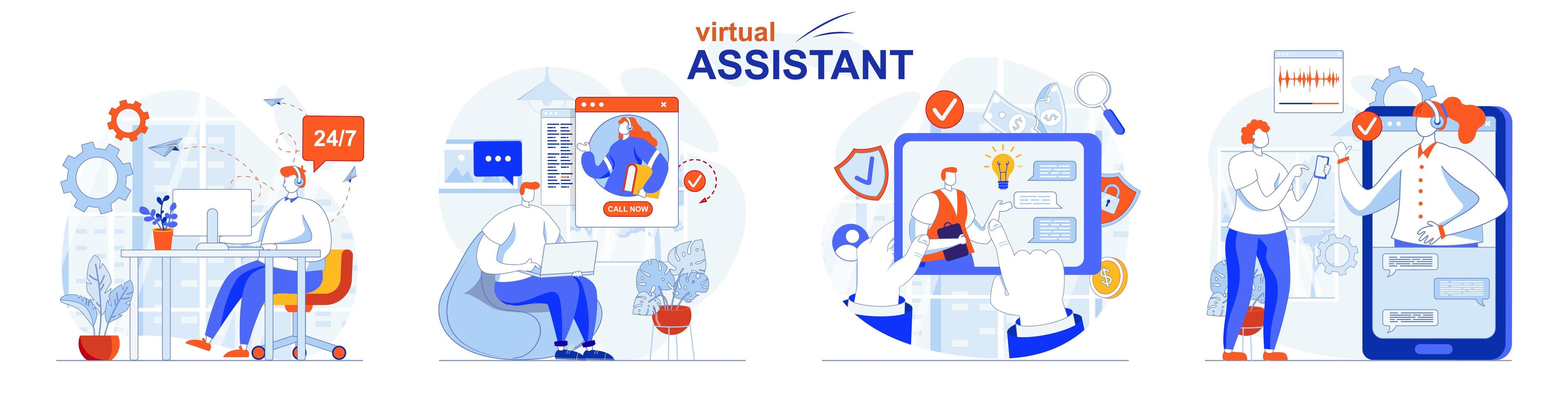 Virtual assistant concept set people isolated scenes in flat design vector