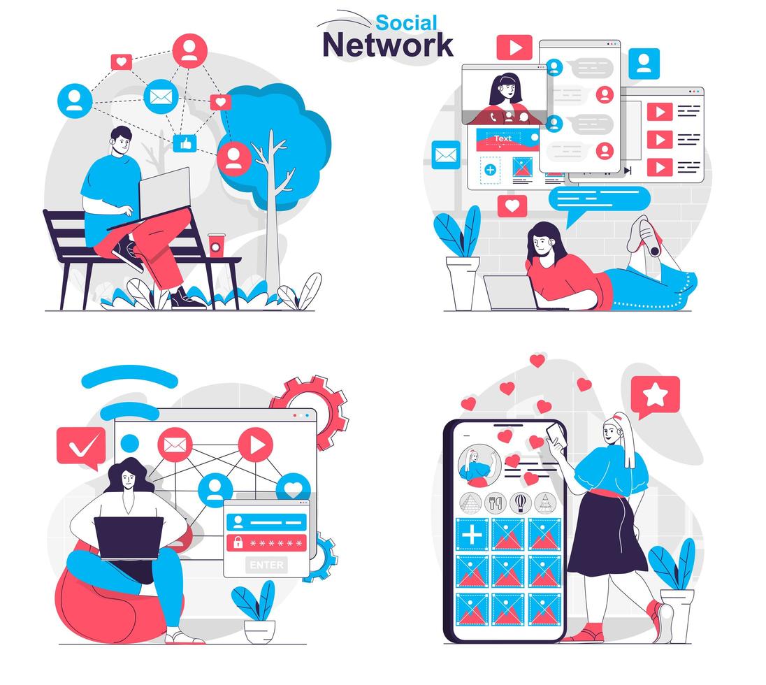 Social network concept set people isolated scenes in flat design vector