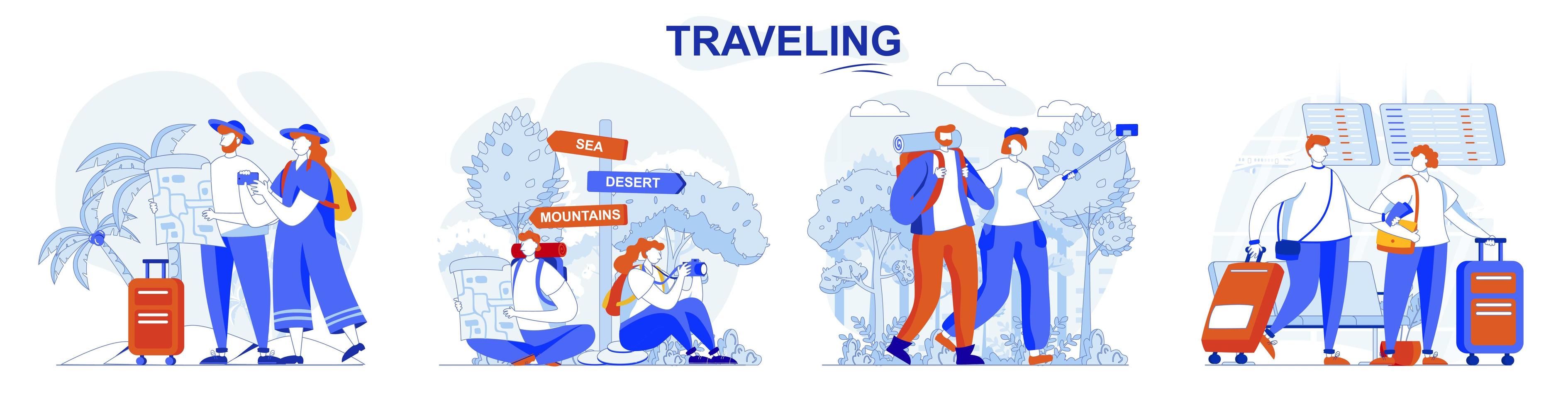Traveling concept set people isolated scenes in flat design vector