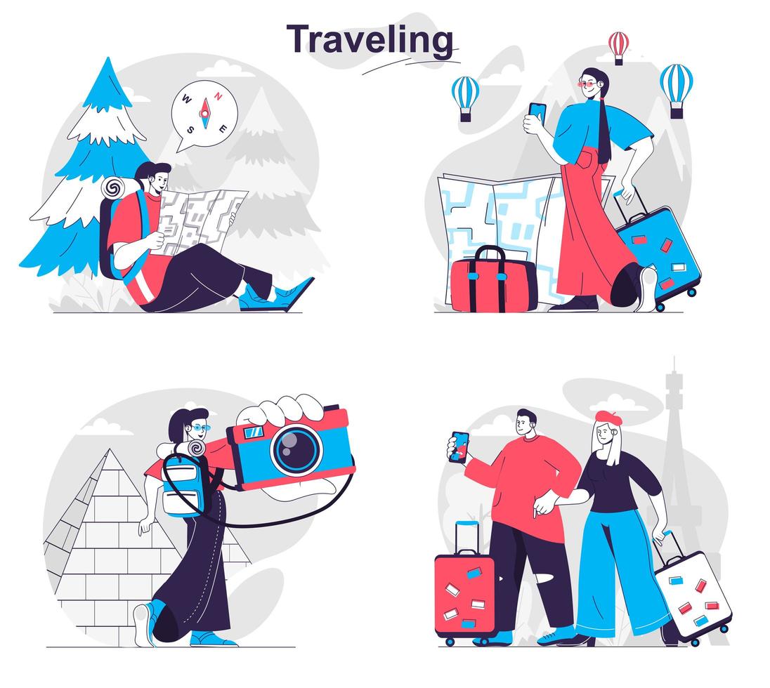 Traveling concept set people isolated scenes in flat design vector