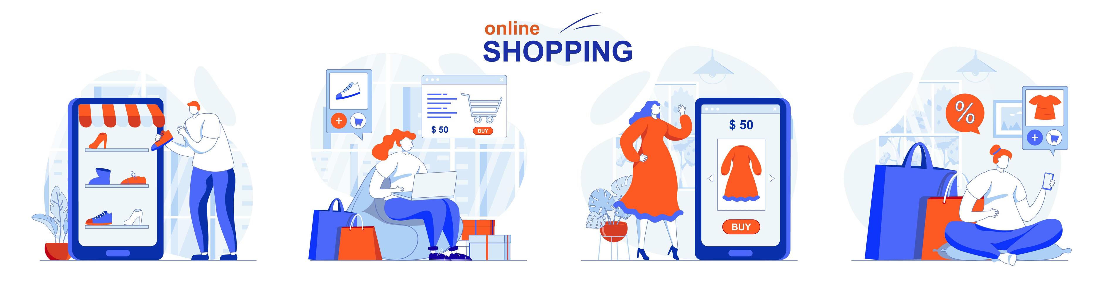 Online shopping concept set people isolated scenes in flat design vector