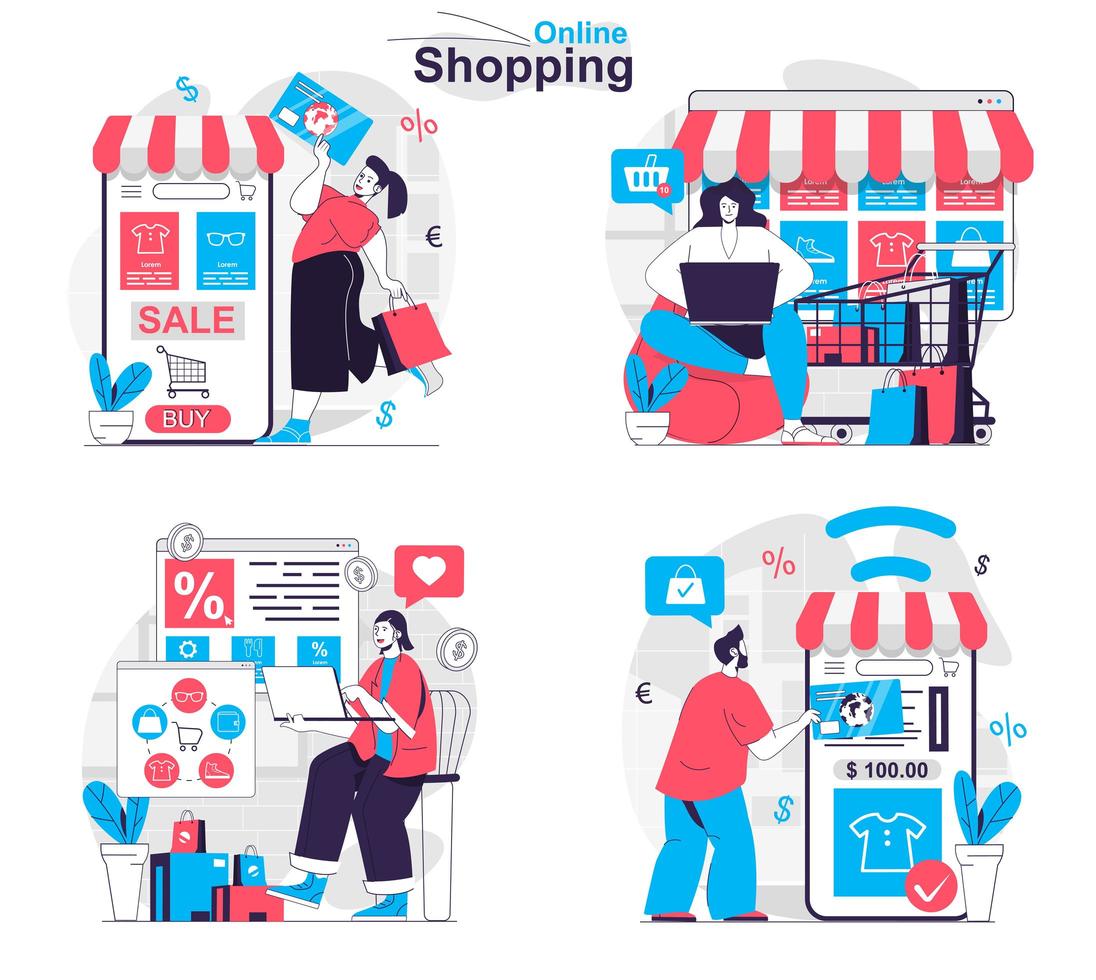 Online shopping concept set people isolated scenes in flat design vector