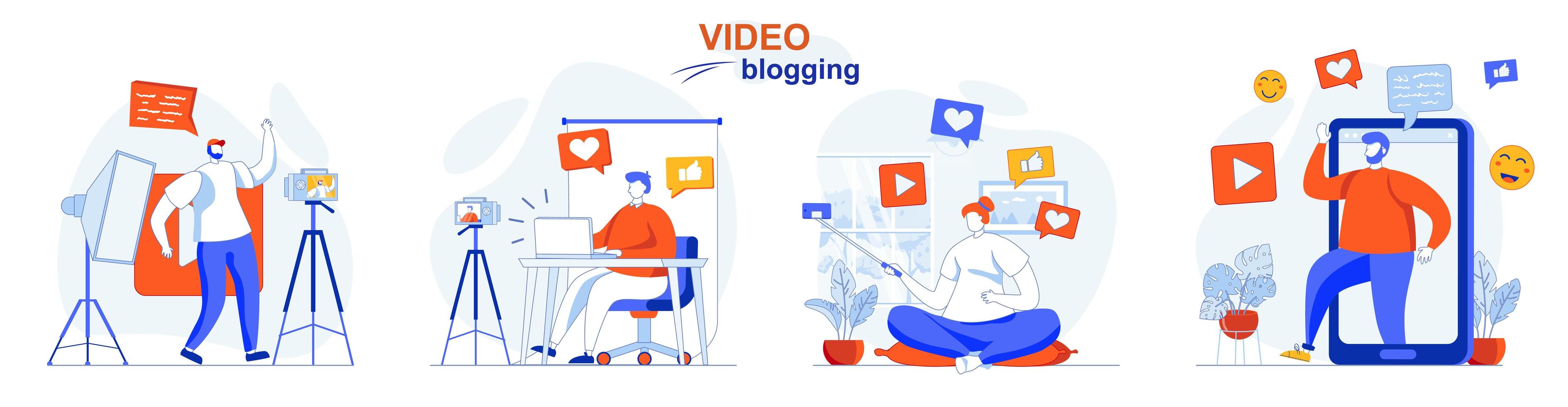 Video blogging concept set people isolated scenes in flat design vector