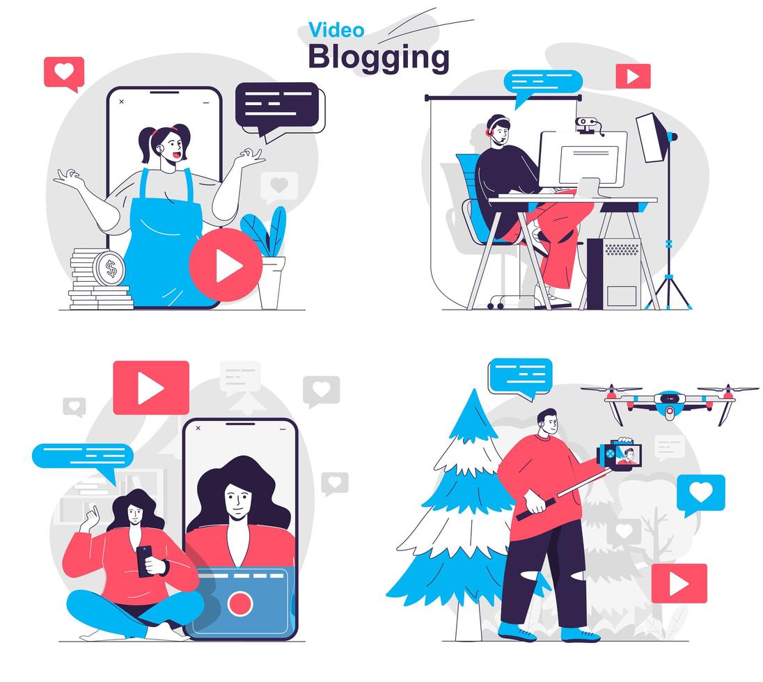 El concepto de video blogging establece escenas aisladas de personas en diseño plano vector