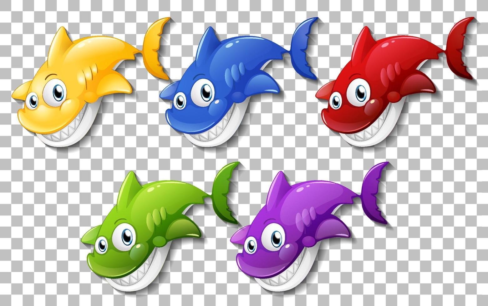 Set of many smiling cute shark cartoons vector